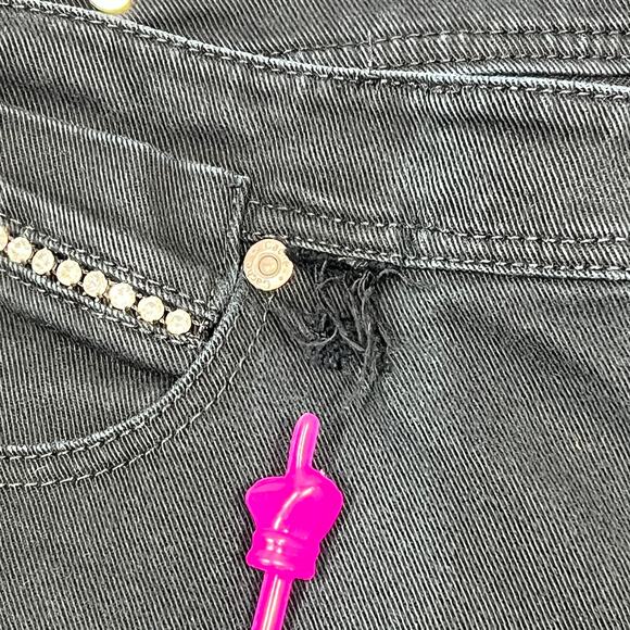 Cache Y2K Low-Rise Bootcut Jeans Sz 8 Black Cropped Wide-Leg Bling Pockets FADED - Picture 6 of 15